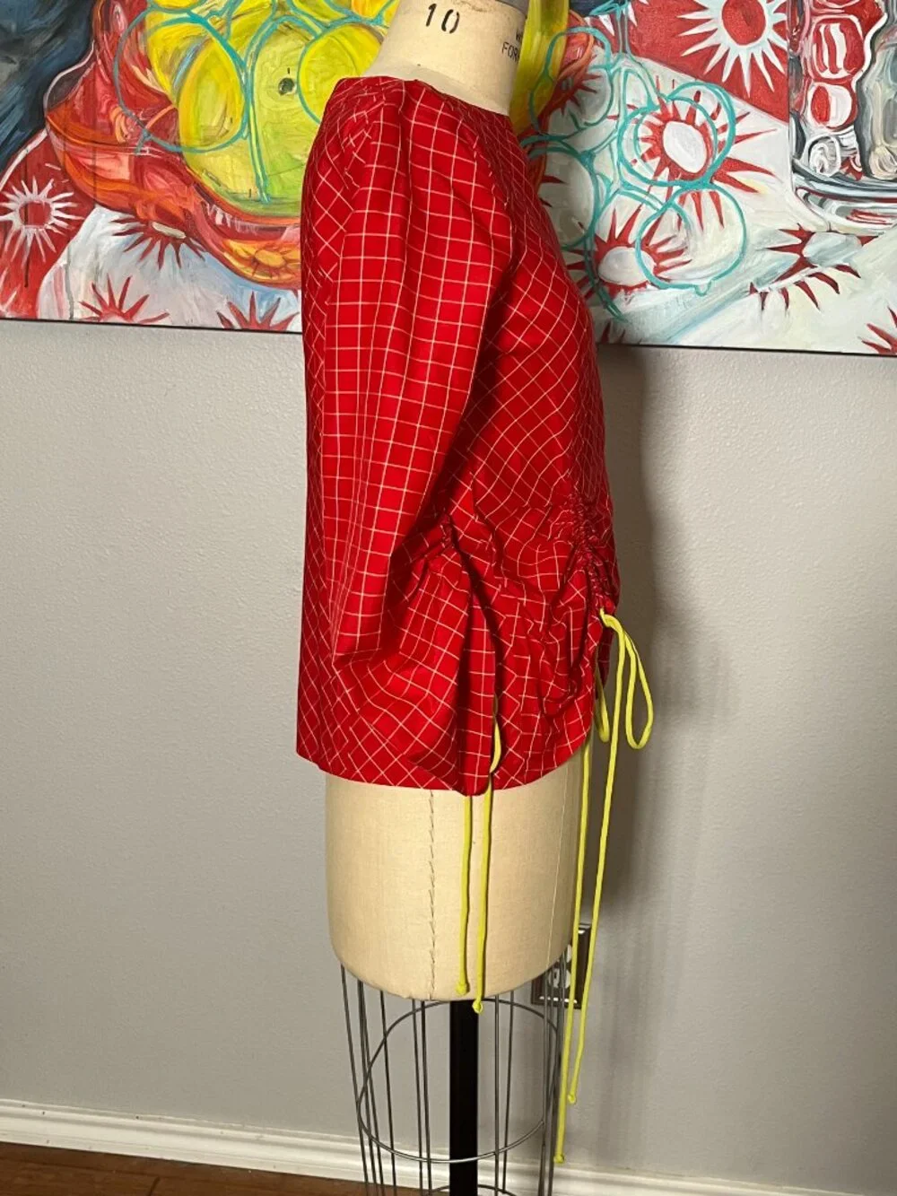 Tory Burch Windowpane Silk Tunic Top Red White Ruched Drawstring